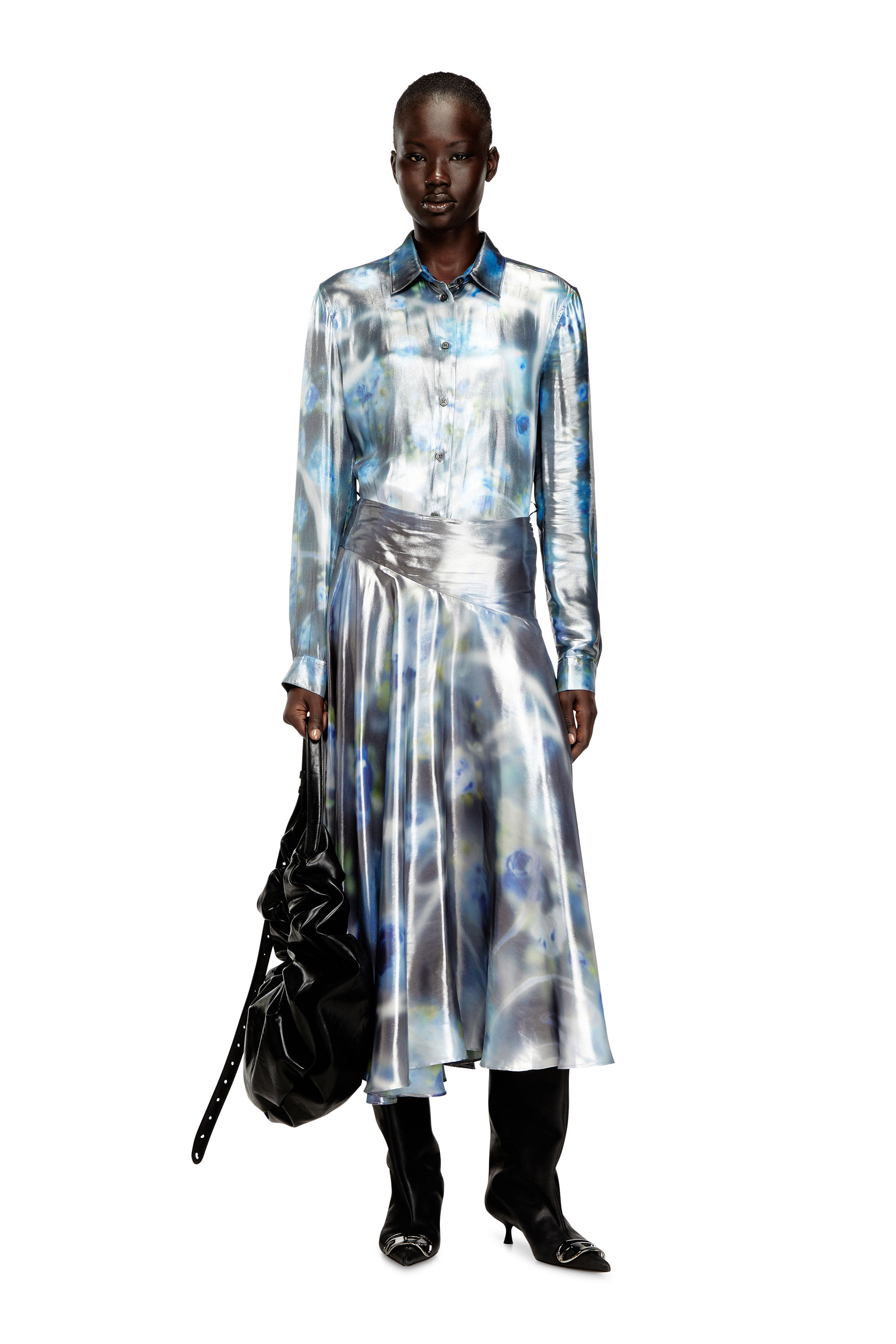 Diesel - C-RONOR-S2, Woman's Metallic shirt with blurred roses print in Blue - 1