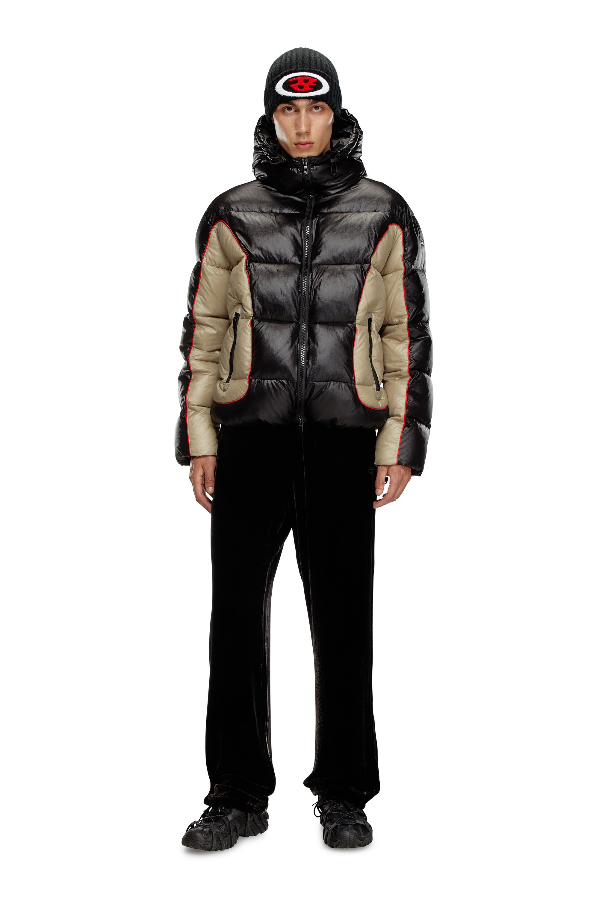 Diesel - W-OSTEND, Man's Hooded puffer jacket in shiny ripstop in Black/Beige - 2