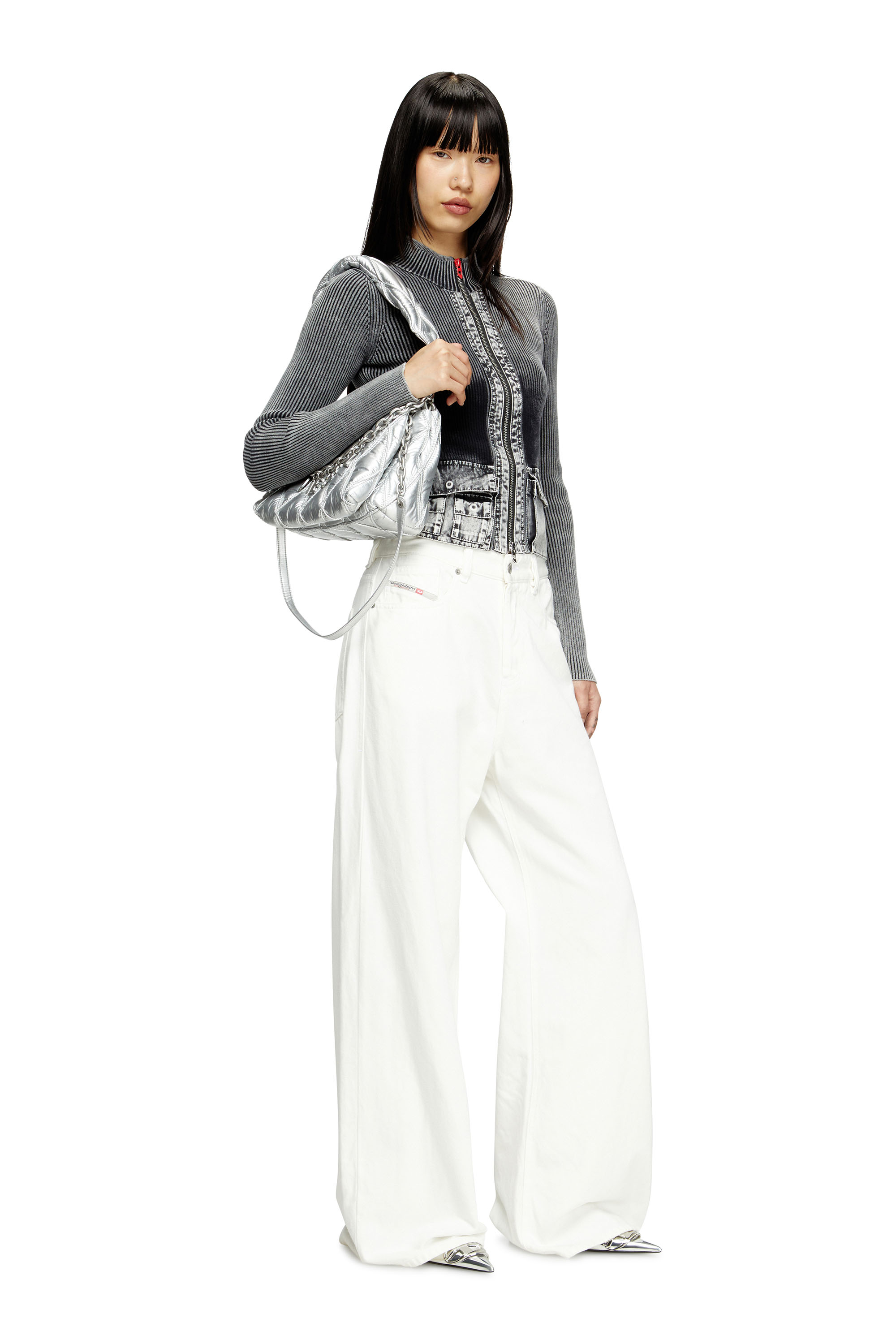 Diesel - CHARM-D SHOULDER M, Woman's Charm-D M-Shoulder bag in quilted metallic nylon in Silver - 2