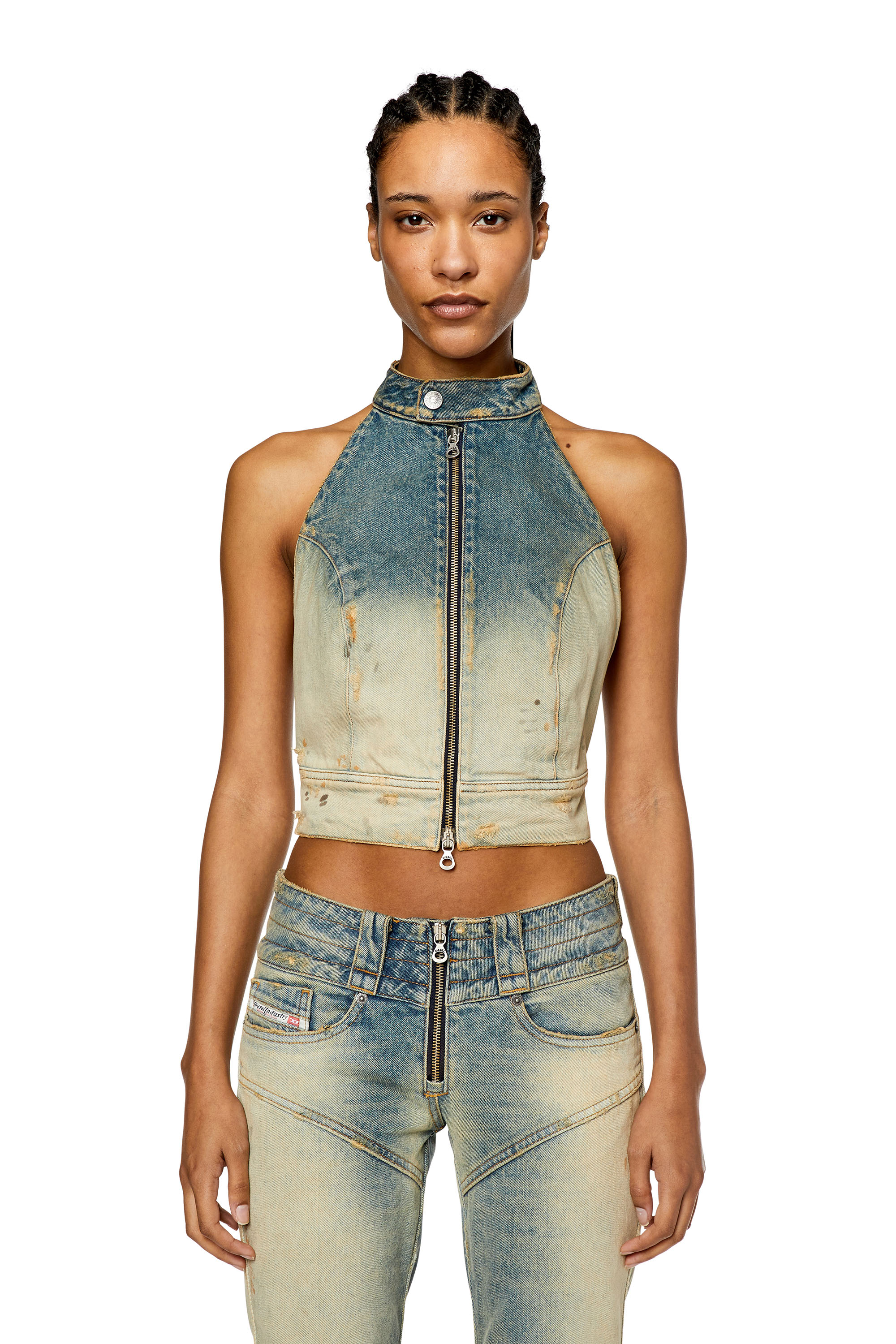 Diesel - DE-BIK-FSC, Woman's Open-back top in lace denim in Light Blue - 3