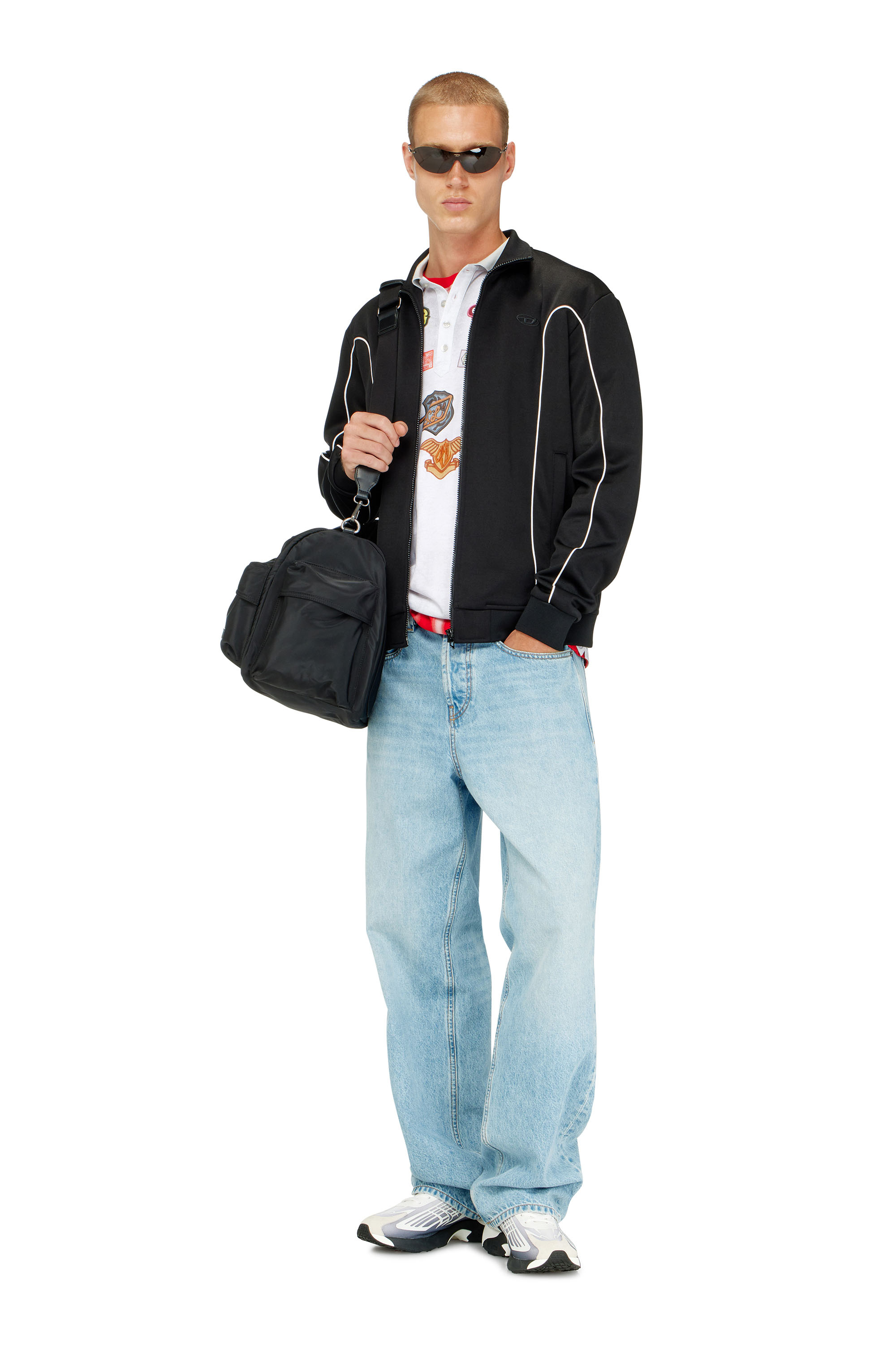 Diesel - S-LOCKING-DO, Man's Sweat fabric track jacket with contrast piping in Black - 1