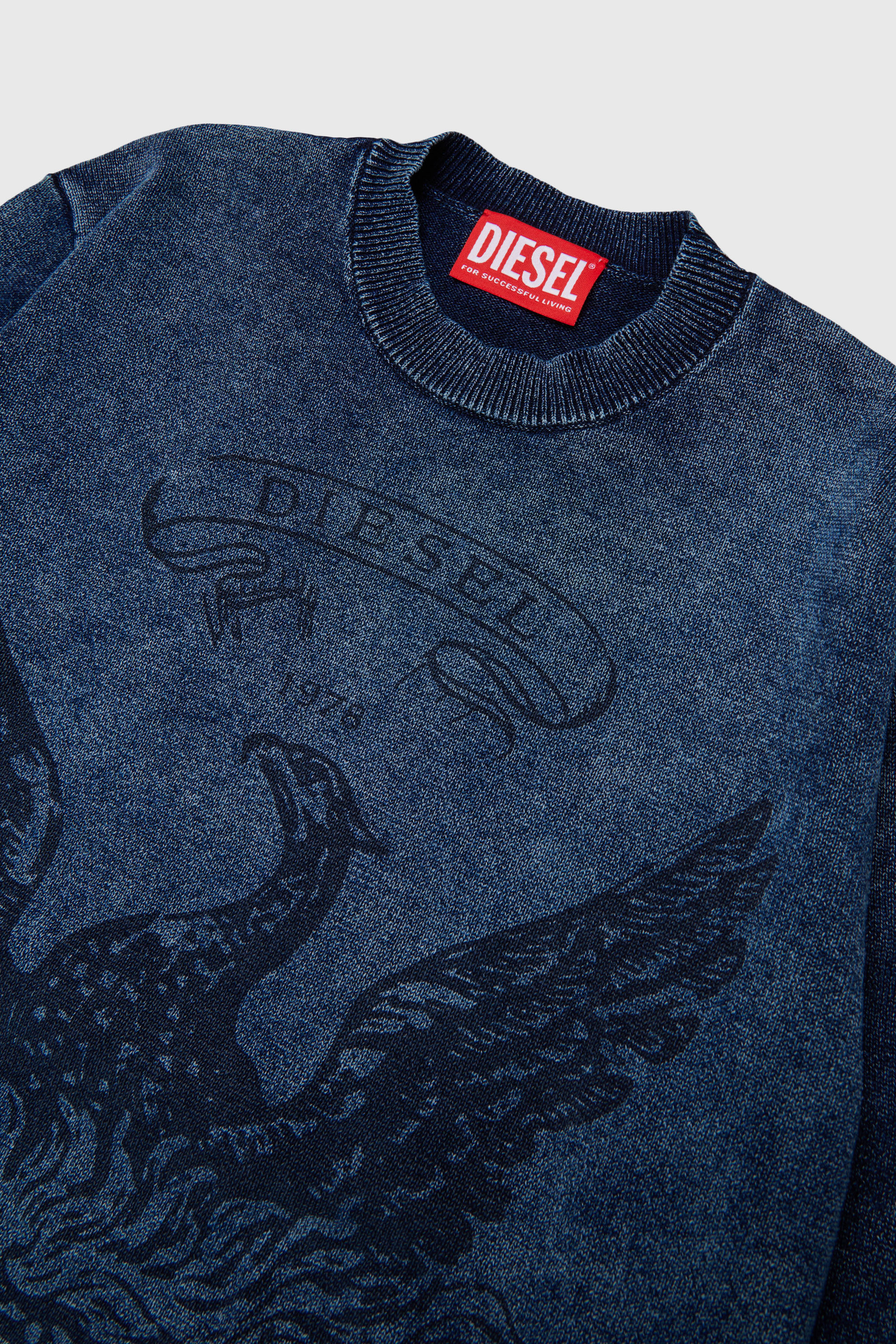 Diesel - KFINNIC OVER, Man's Denim-effect jumper with phoenix motif in Dark Blue - 3