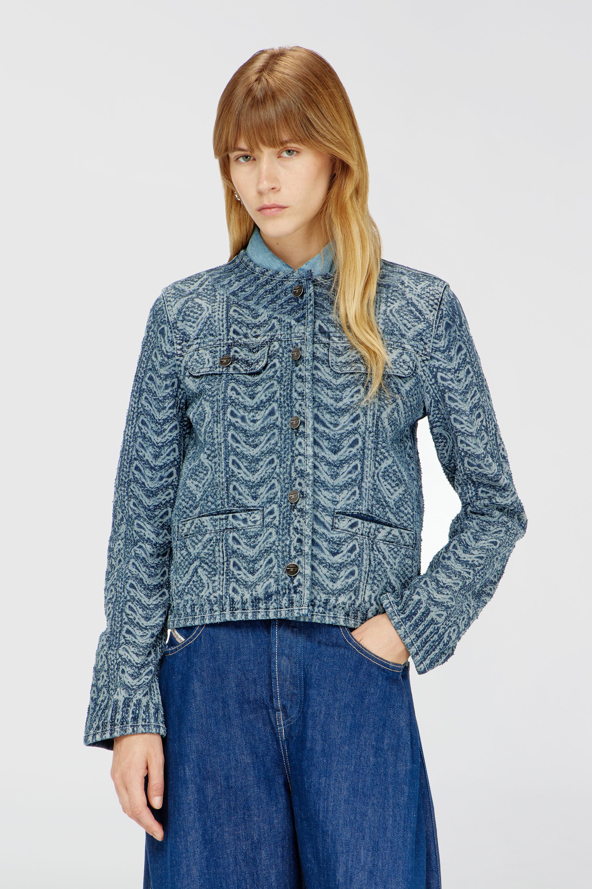 Diesel - DE-GRAFY-S2, Woman's Collarless jacket in cable-knit-effect denim in Medium blue - 1