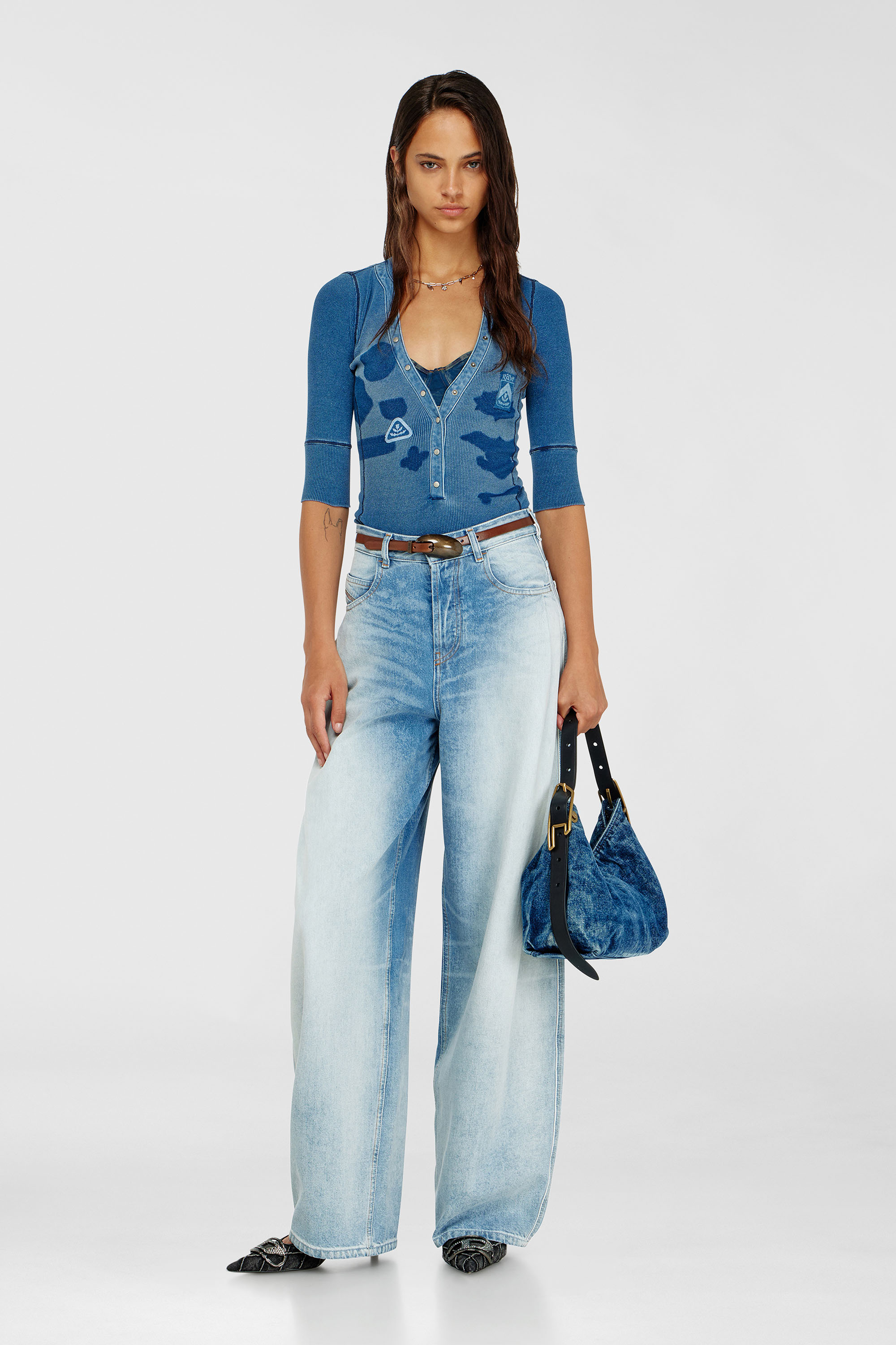 Diesel - T-EREME, Woman's Henley top with shadow-patch effects in Medium blue - 1