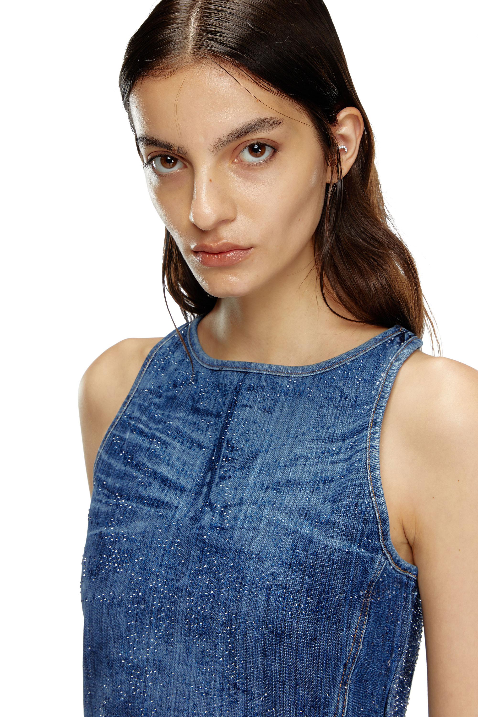 Diesel - DE-PLAQUE-S, Woman's Racerback top in rhinestone denim in Medium blue - 5
