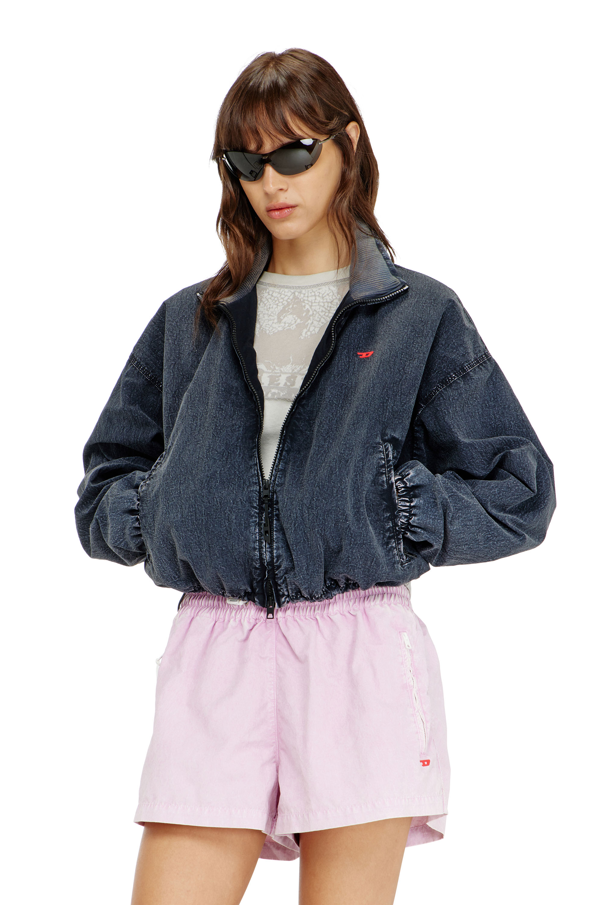 Diesel - G-LEAMER, Woman's Windbreaker jacket in acid-wash Taslan in Dark Blue - 1