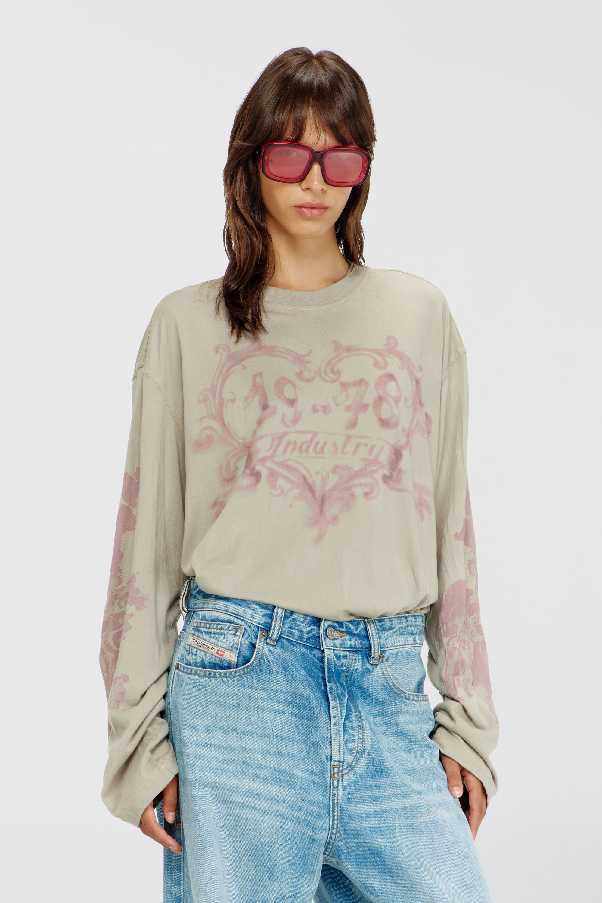 Diesel - T-HILARY-LS-AA1, Woman's Cotton long-sleeve T-shirt with graphic print in Pink/Beige - 3