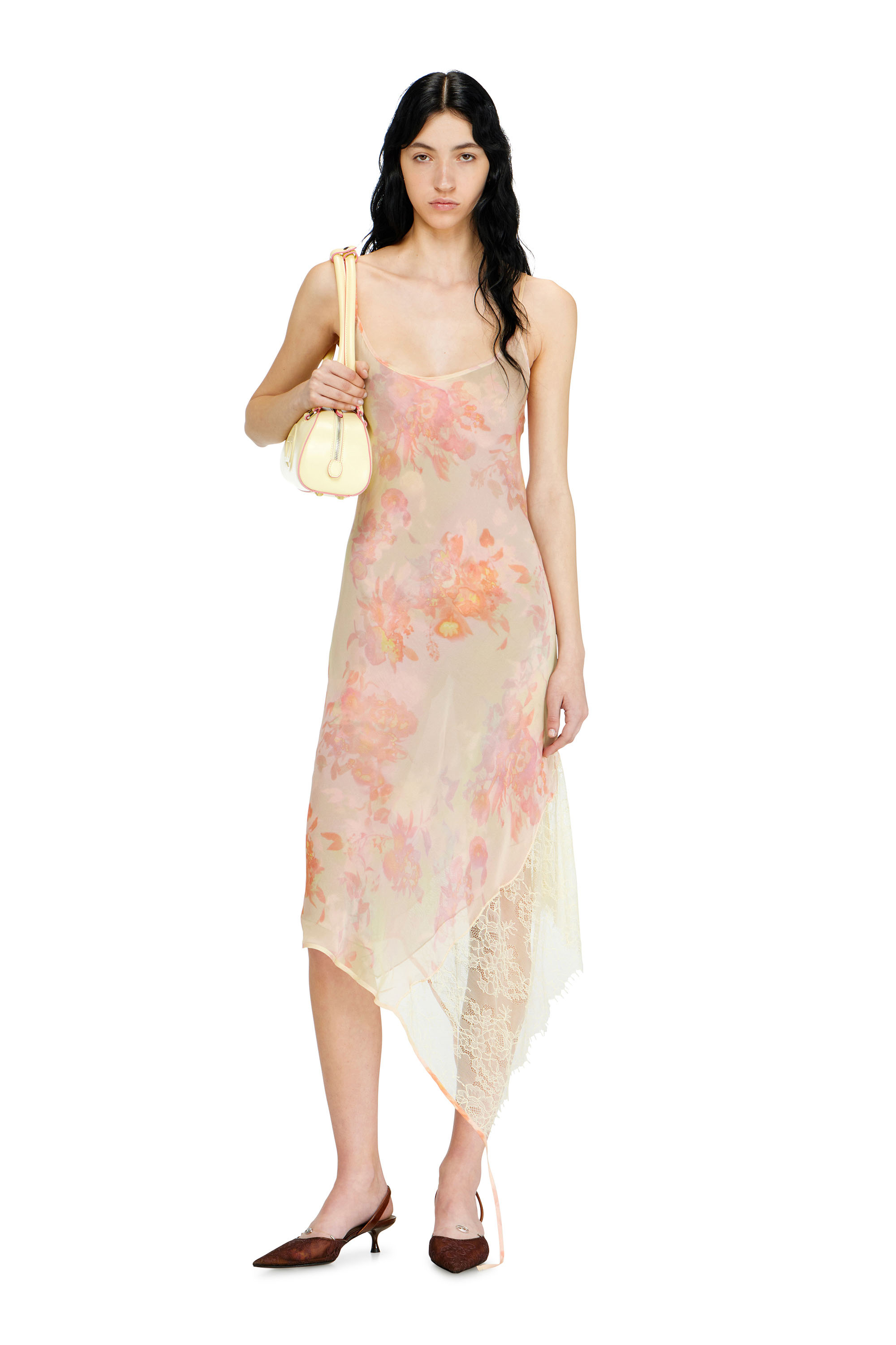 Diesel - D-ANCEL, Woman's Midi slip dress with floral print and lace trim in Yellow - 2