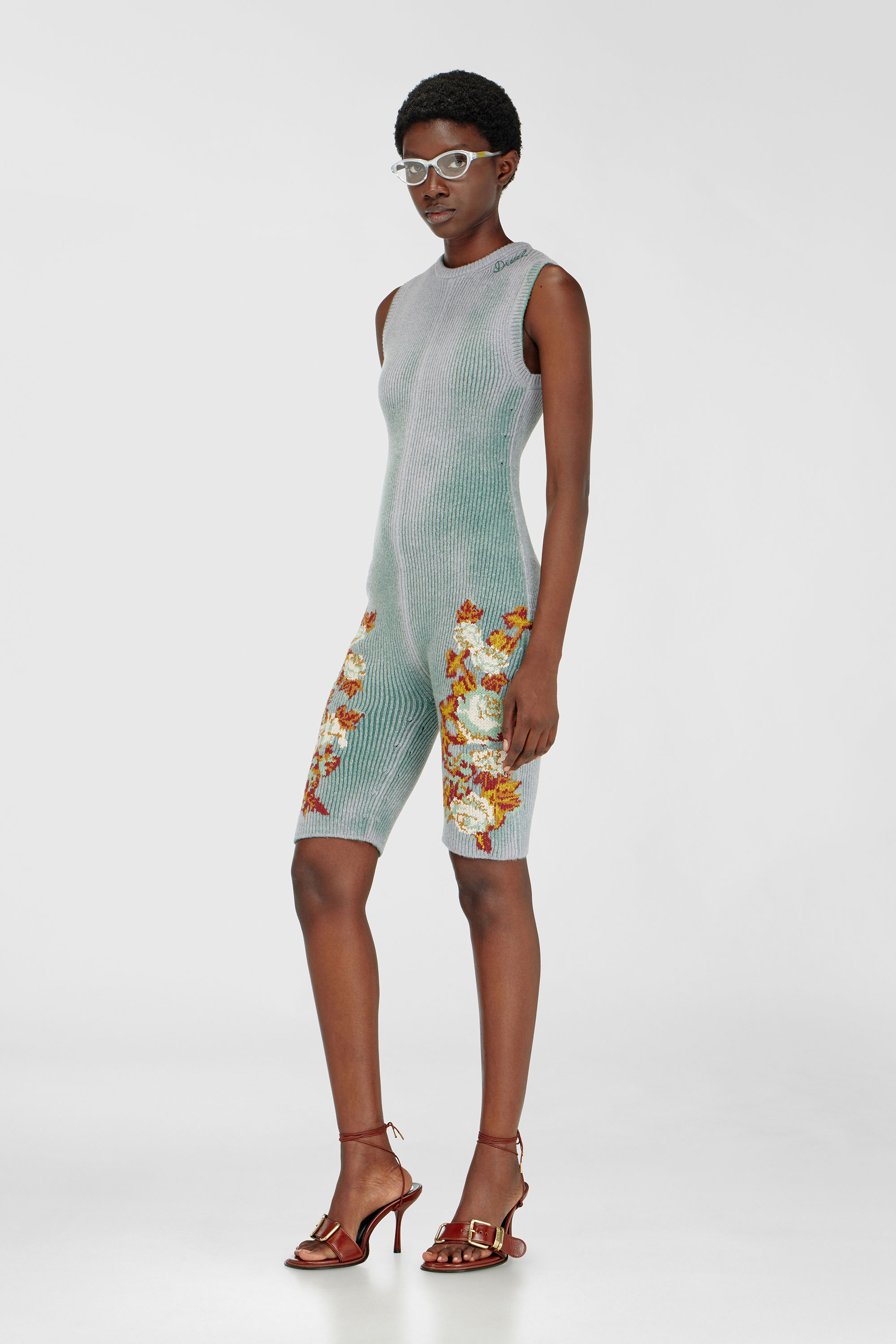 Diesel - M-RAREM, Woman's Knitted playsuit with floral motif in Blue/Green - 1