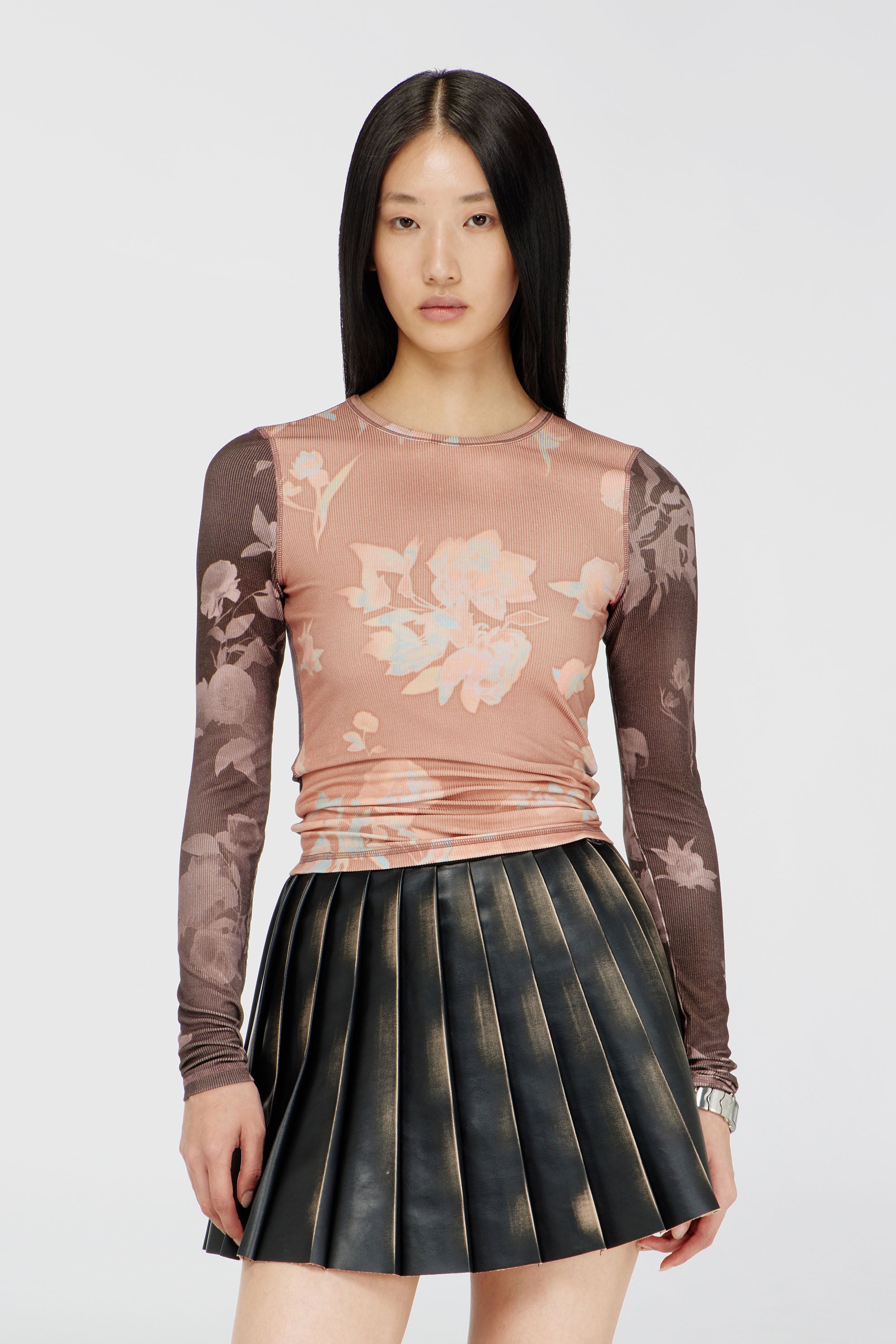 Diesel - T-MOKY-LS, Woman's Top in floral-print ribbed jersey in Pink - 1