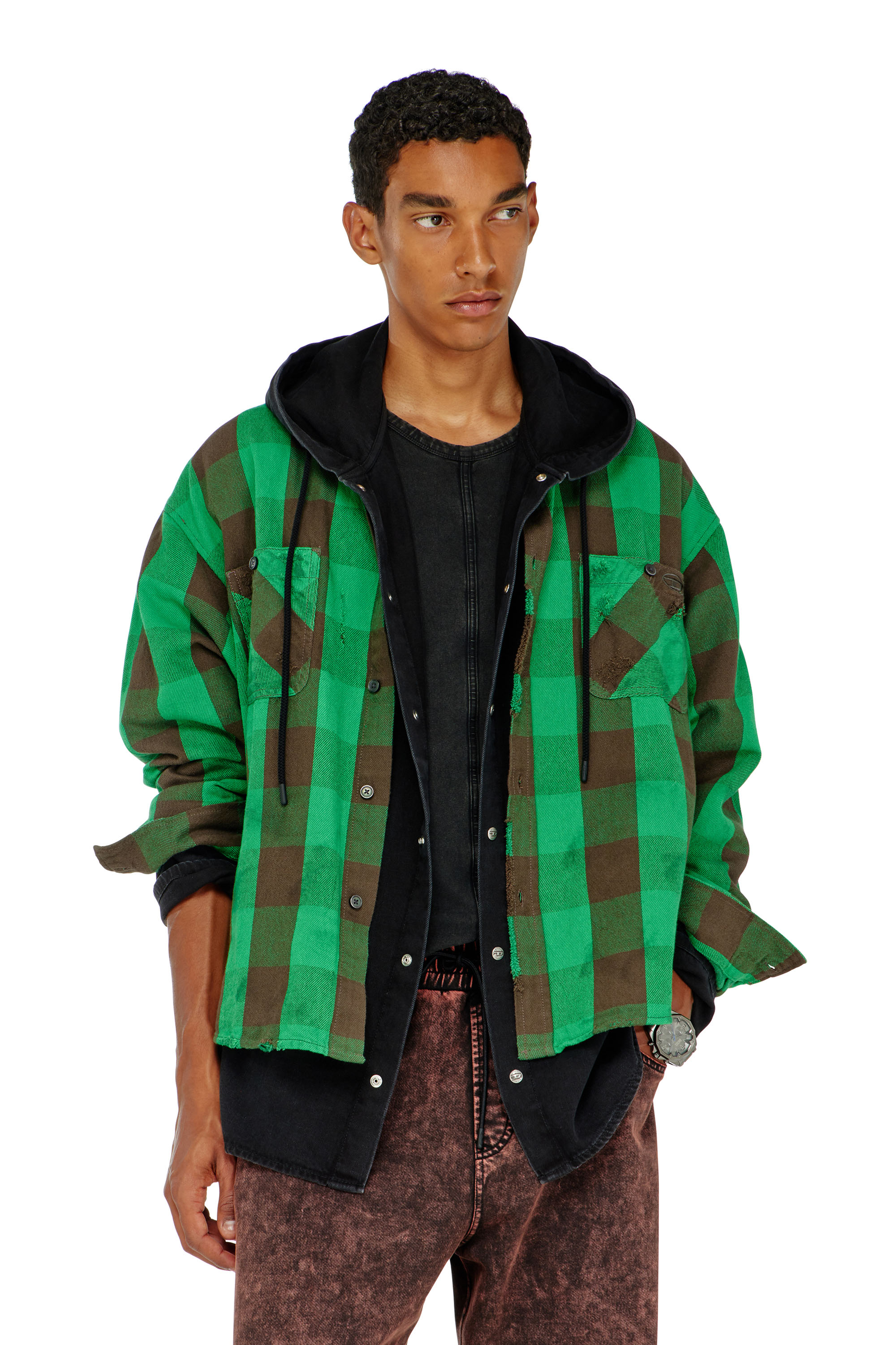 Diesel - S-DRUM, Man's Check flannel shirt with distressed effect in Green/Brown - 2