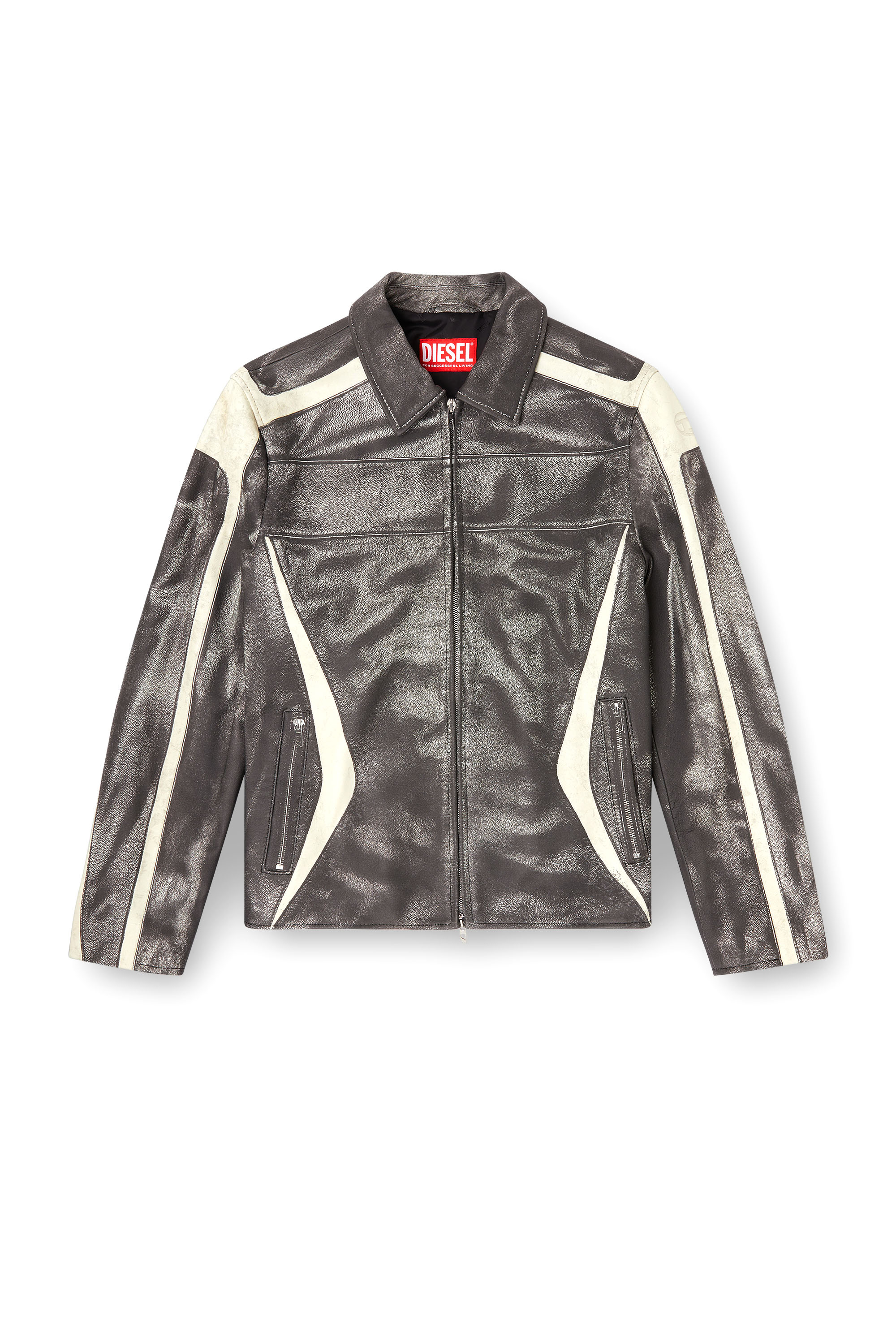 Diesel - L-AMAR-ENBI, Man's Leather coach jacket with biker print in Black/White - 3