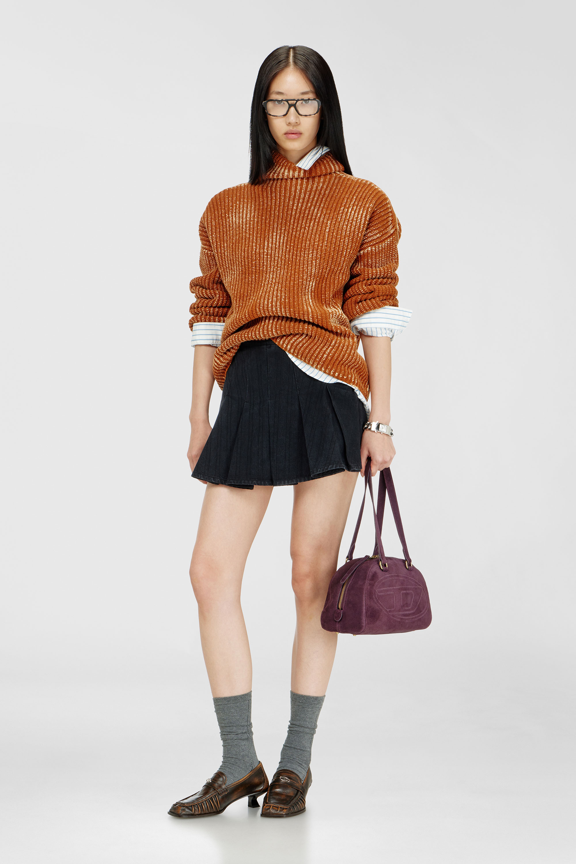 Diesel - M-AMET, Woman's Funnel-neck jumper in ribbed wool blend in Brown - 2