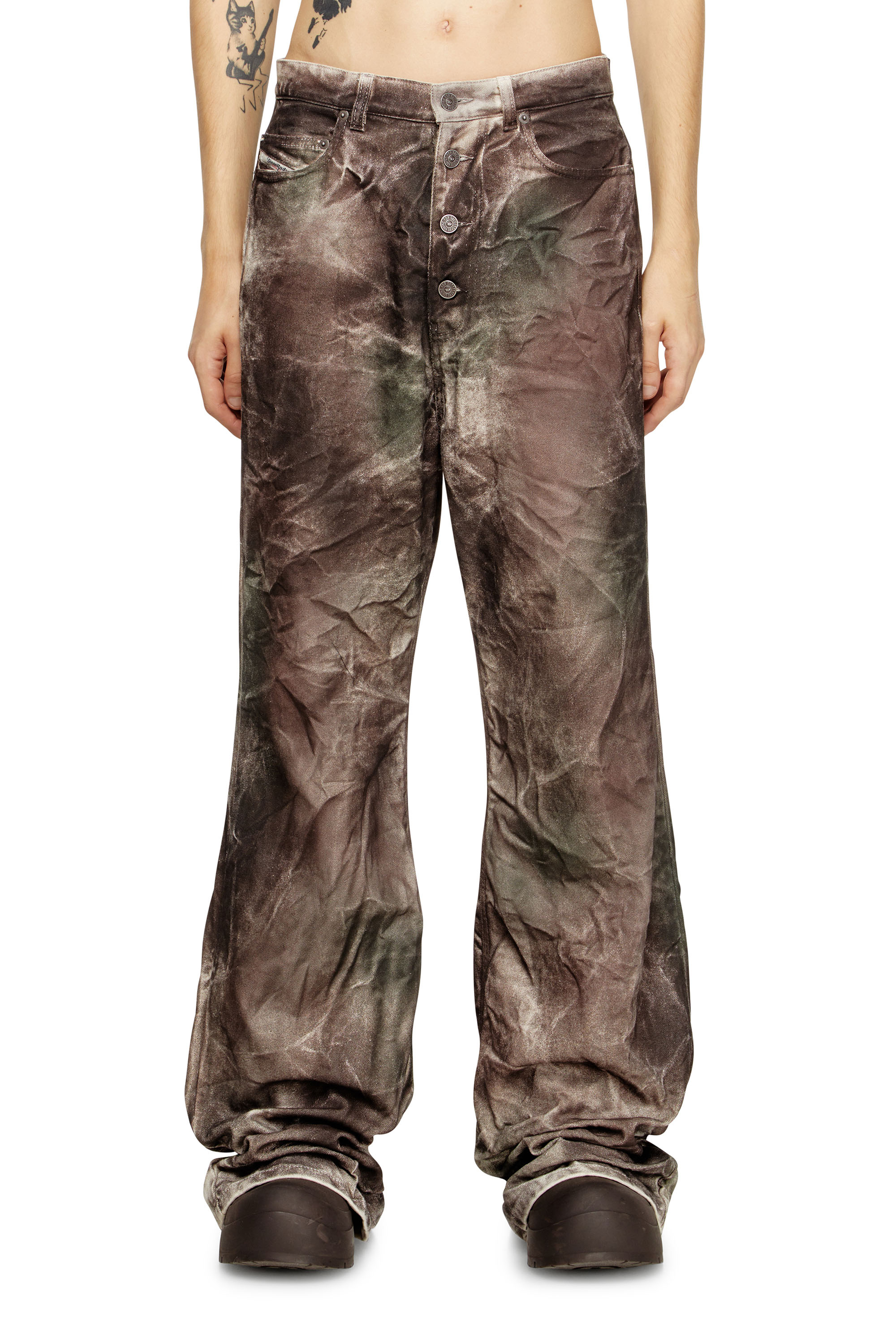 Diesel - P-THUG-PANT, Unisex's Pants in crinkled camo canvas in Brown/Green - 2