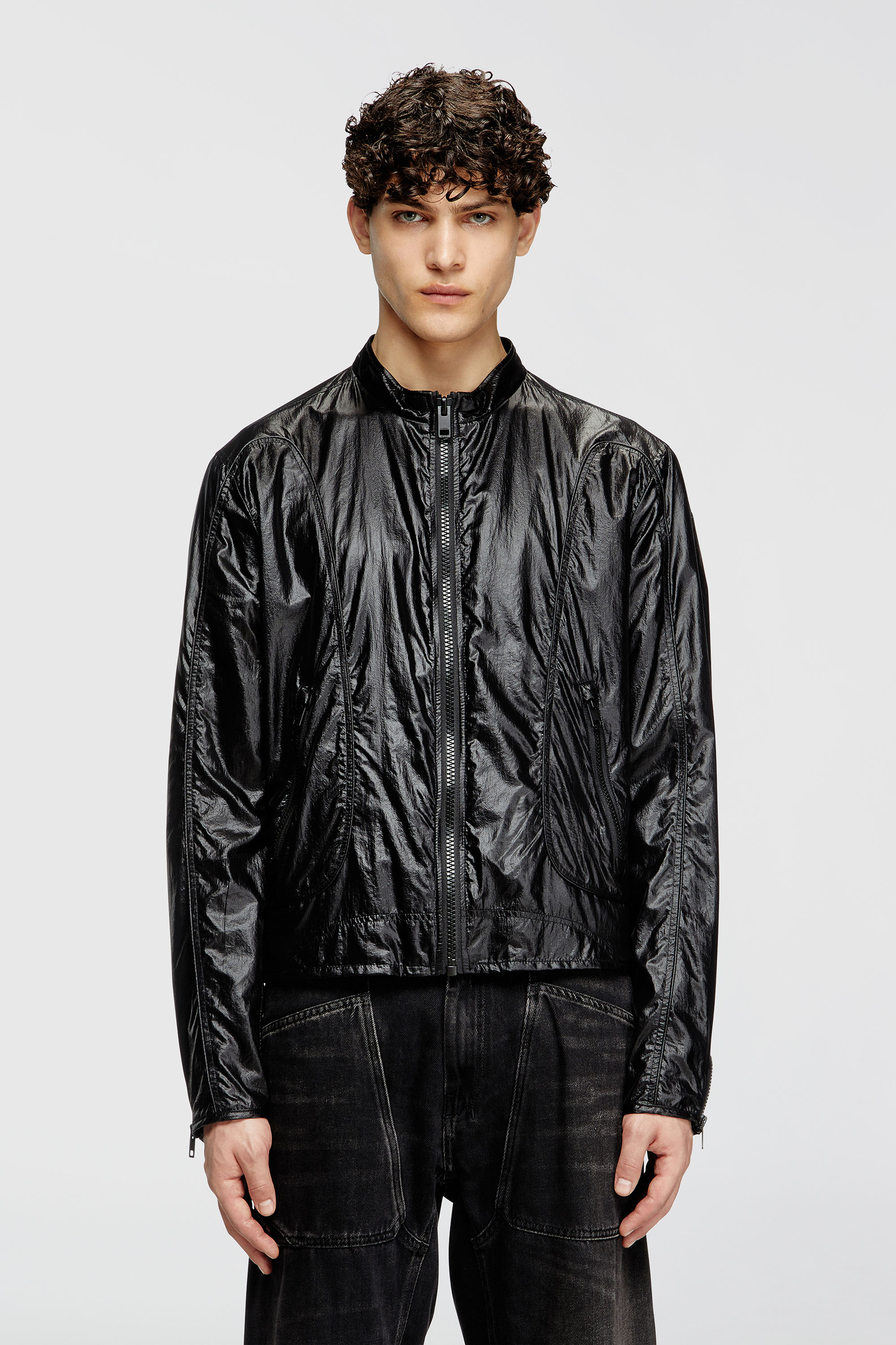 Diesel - J-CLAYS, Man's Biker jacket in shiny ripstop in Black - 3