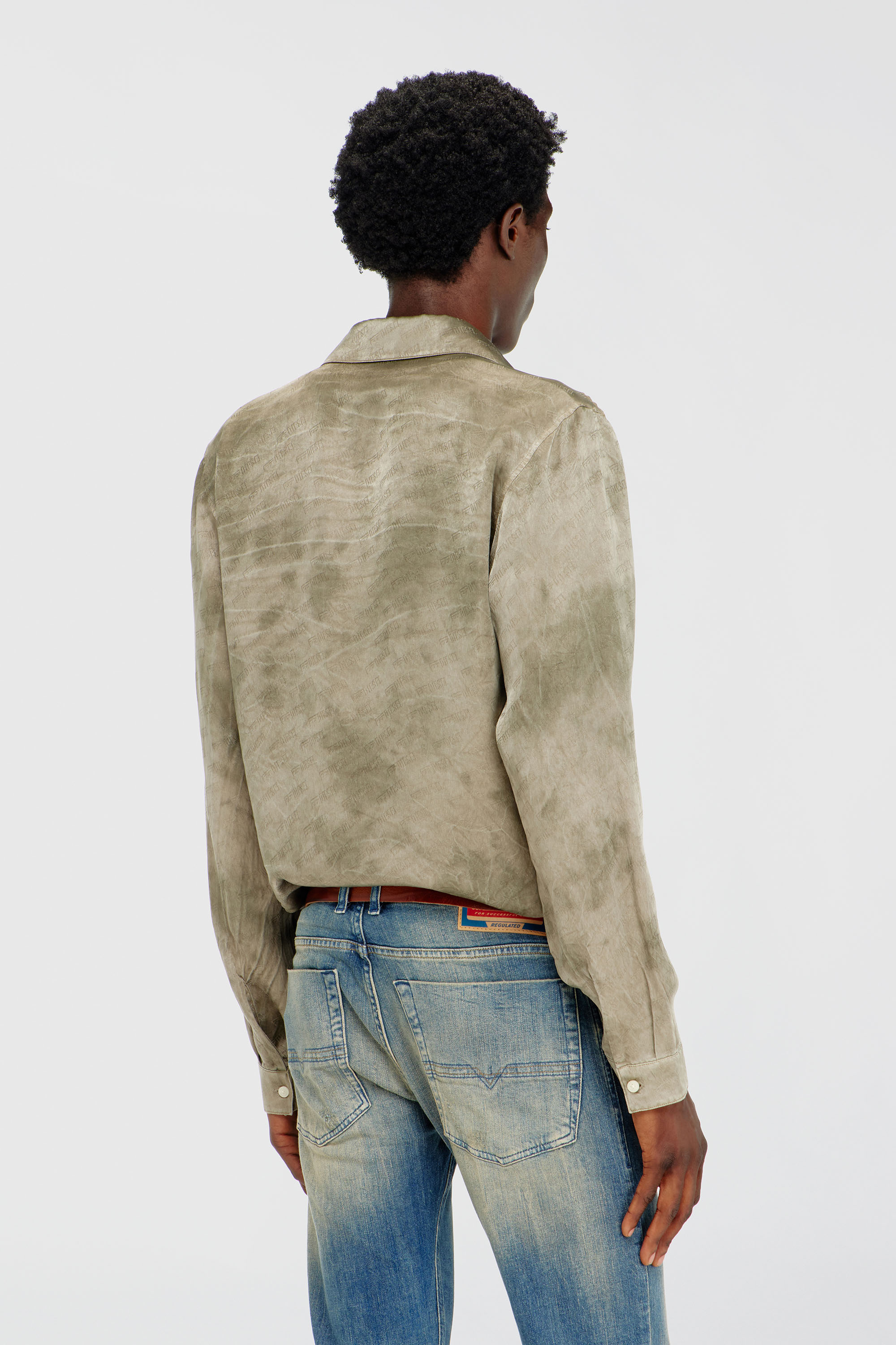 Diesel - S-KISSY-HNBW, Man's Shirt in logo-jacquard crinkled satin in Light Brown - 4