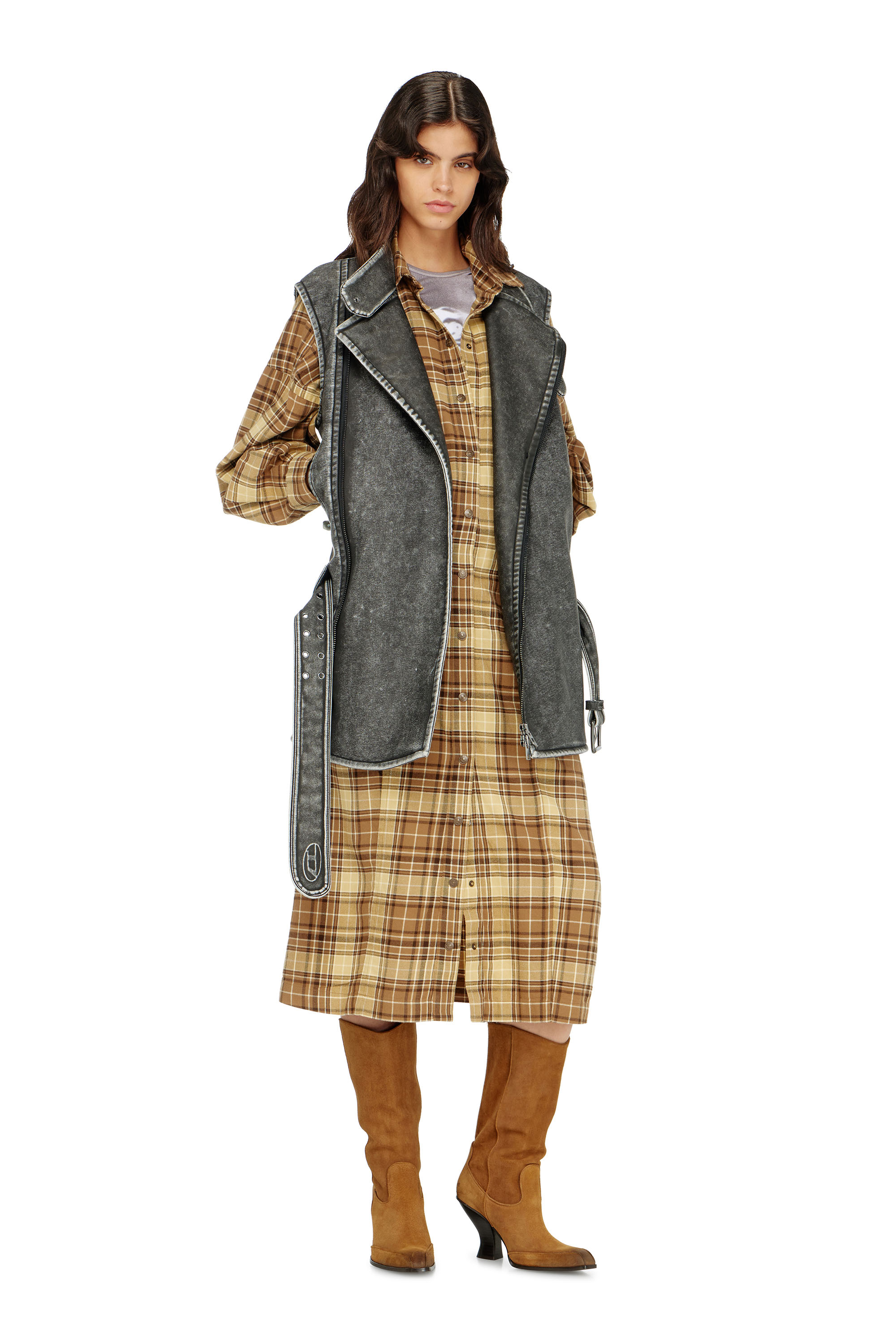 Diesel - D-EDALUS, Woman's Midi dress in check flannel with wide belt in null - 1