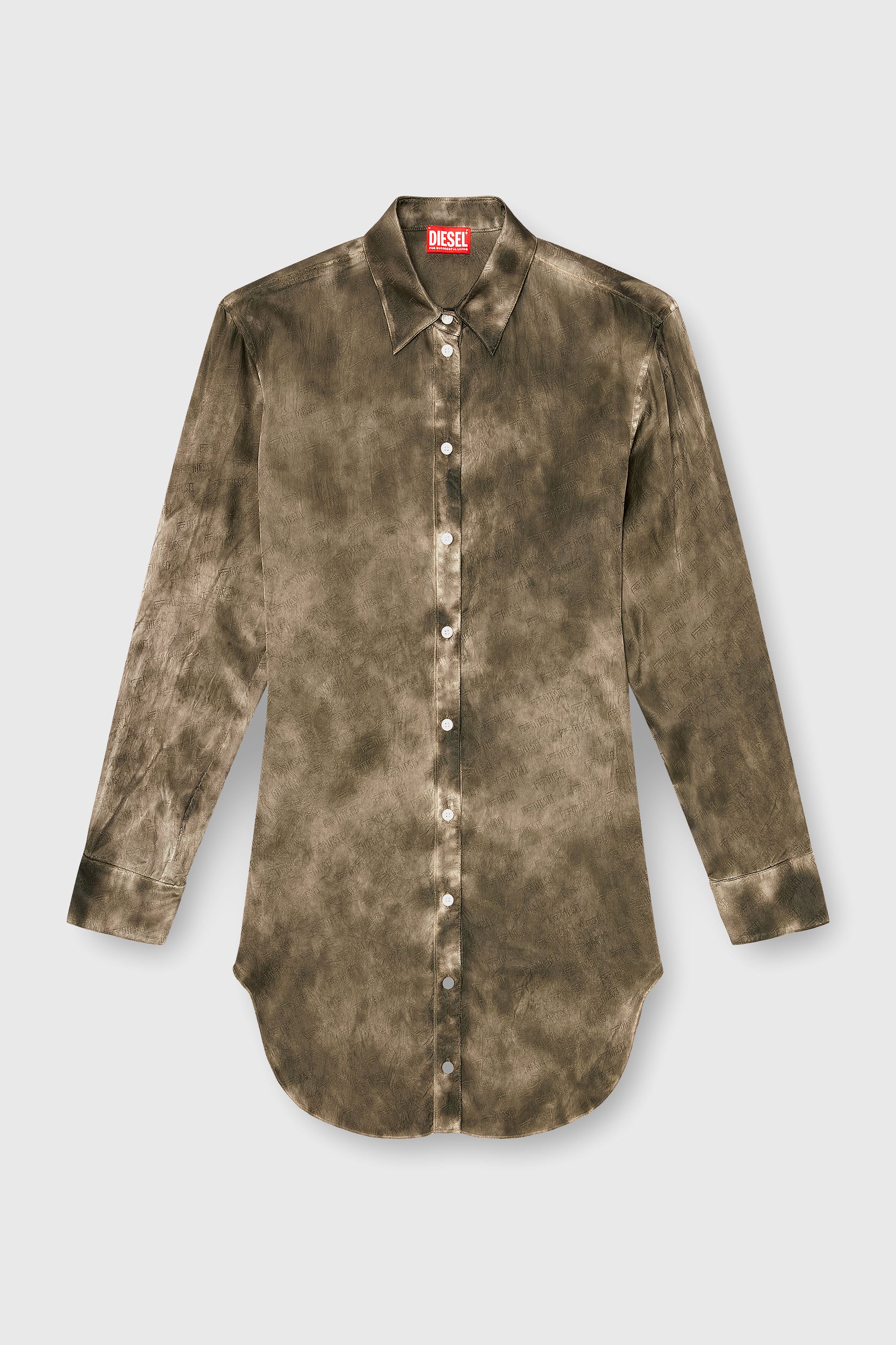 Diesel - C-LAVEL, Woman's Long shirt in logo-jacquard crinkled satin in Military Green - 1