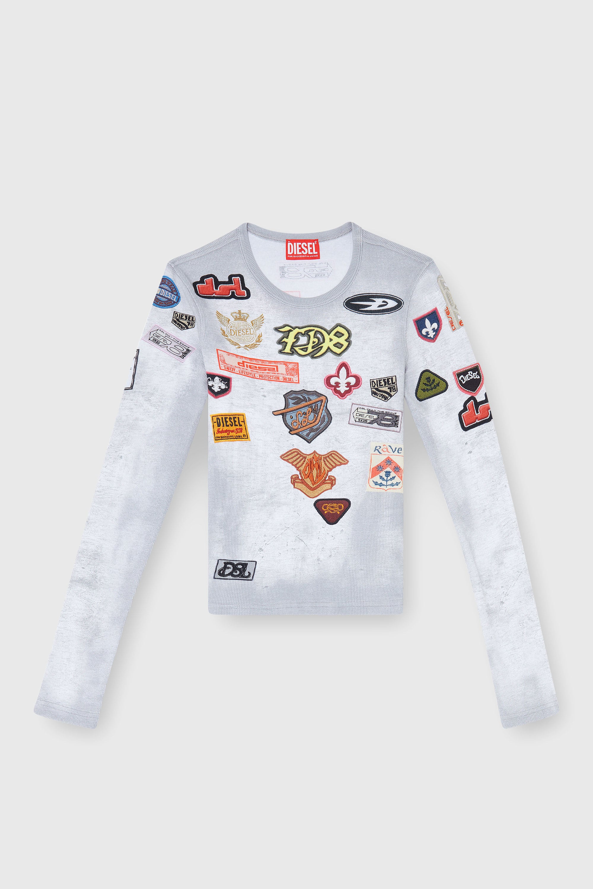 Diesel - T-ELE-LONGSLEEVE, Woman's Top in ribbed jersey with all-over patch print in White - 2
