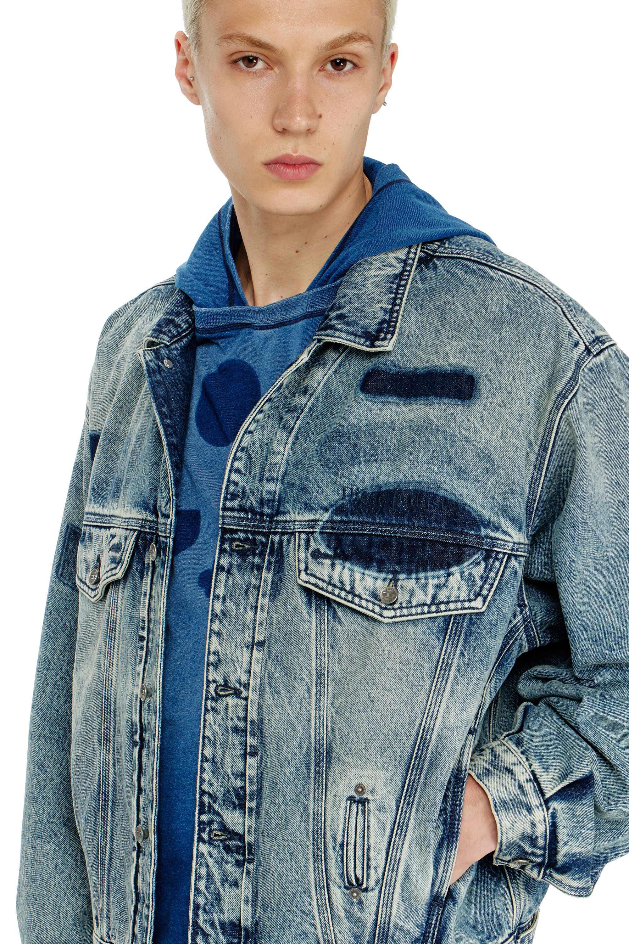 Diesel - D-DENVER-S2, Unisex's Trucker jacket with patch effects in Medium blue - 5