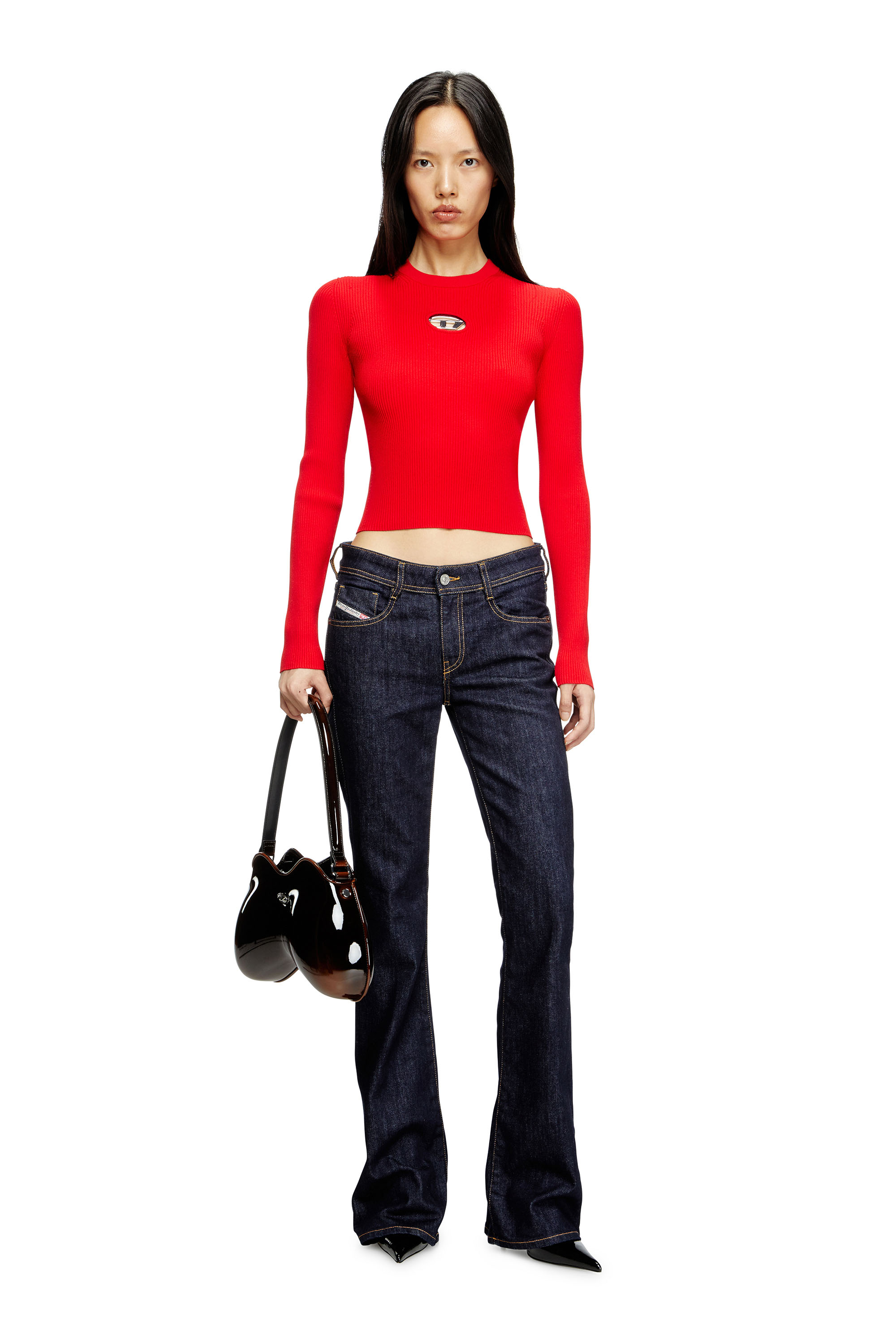 Diesel - M-VALARI, Woman's Rib-knit viscose-blend top with Oval D in Red - 2