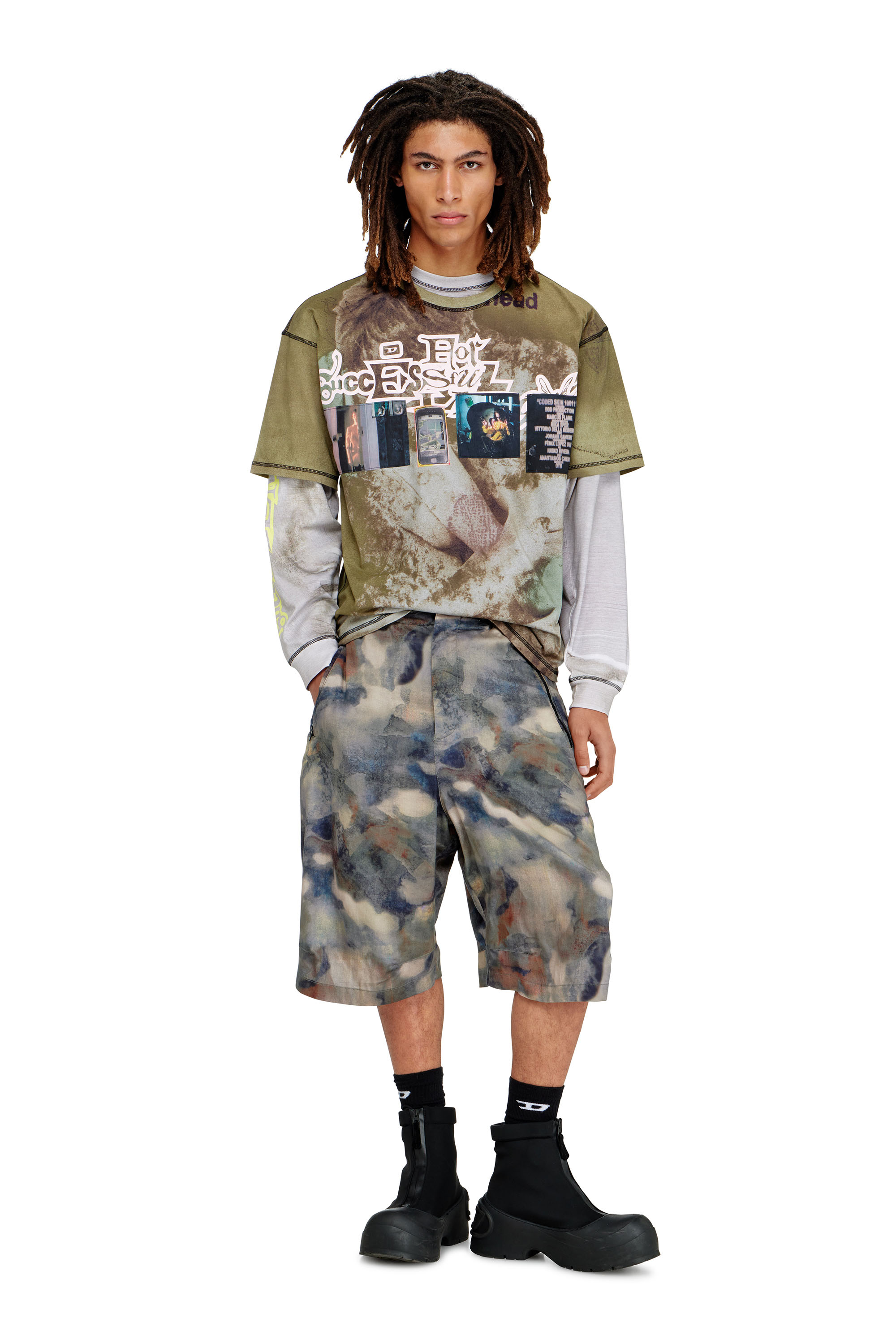 Diesel - P-STITCH-SHORT-TKBZ, Man's Fluid bermuda shorts with all-over camo print in Blue/Brown - 1