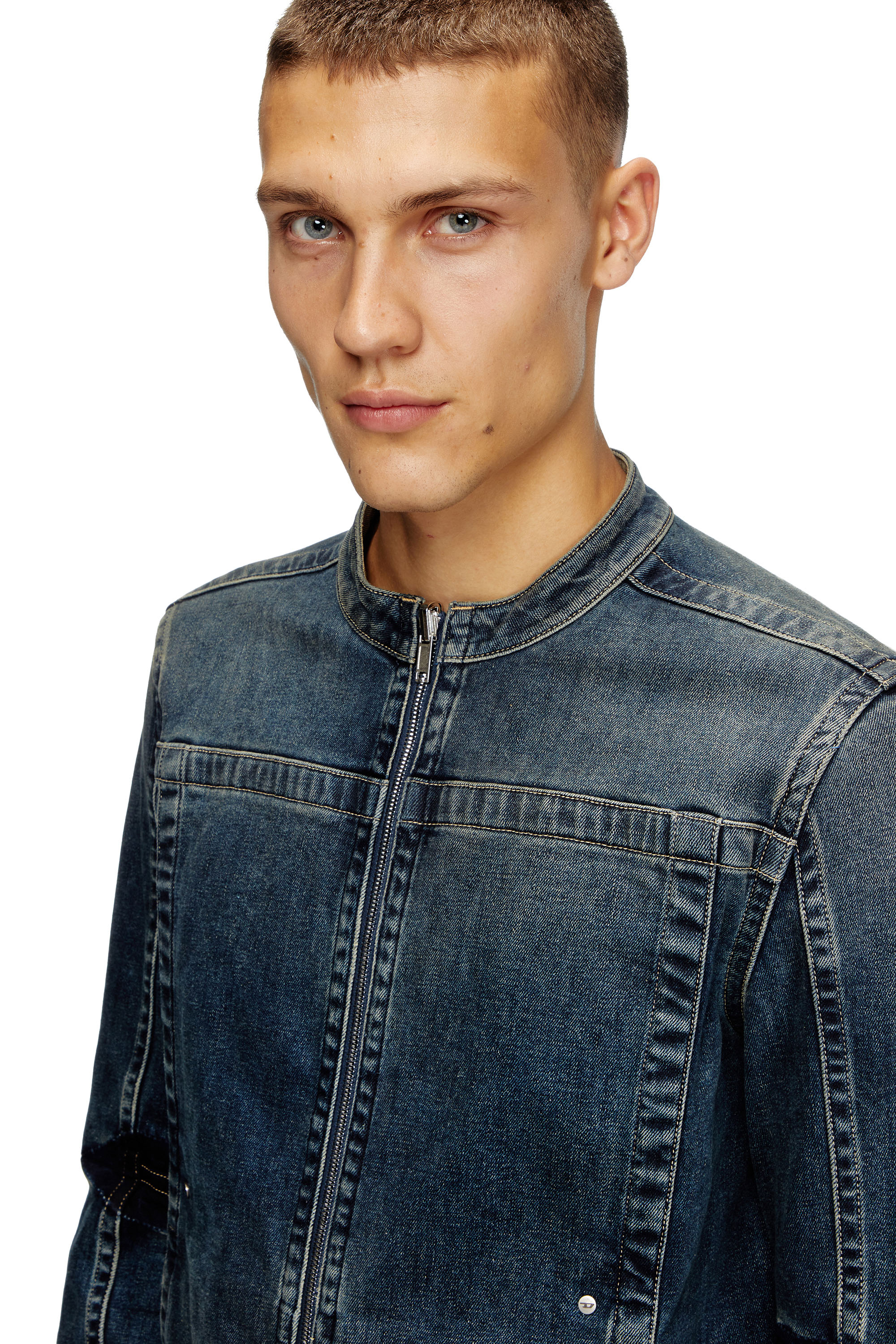 Diesel - D-GLORY-RE, Man's Moto jacket in Rehab denim in Dark Blue - 7