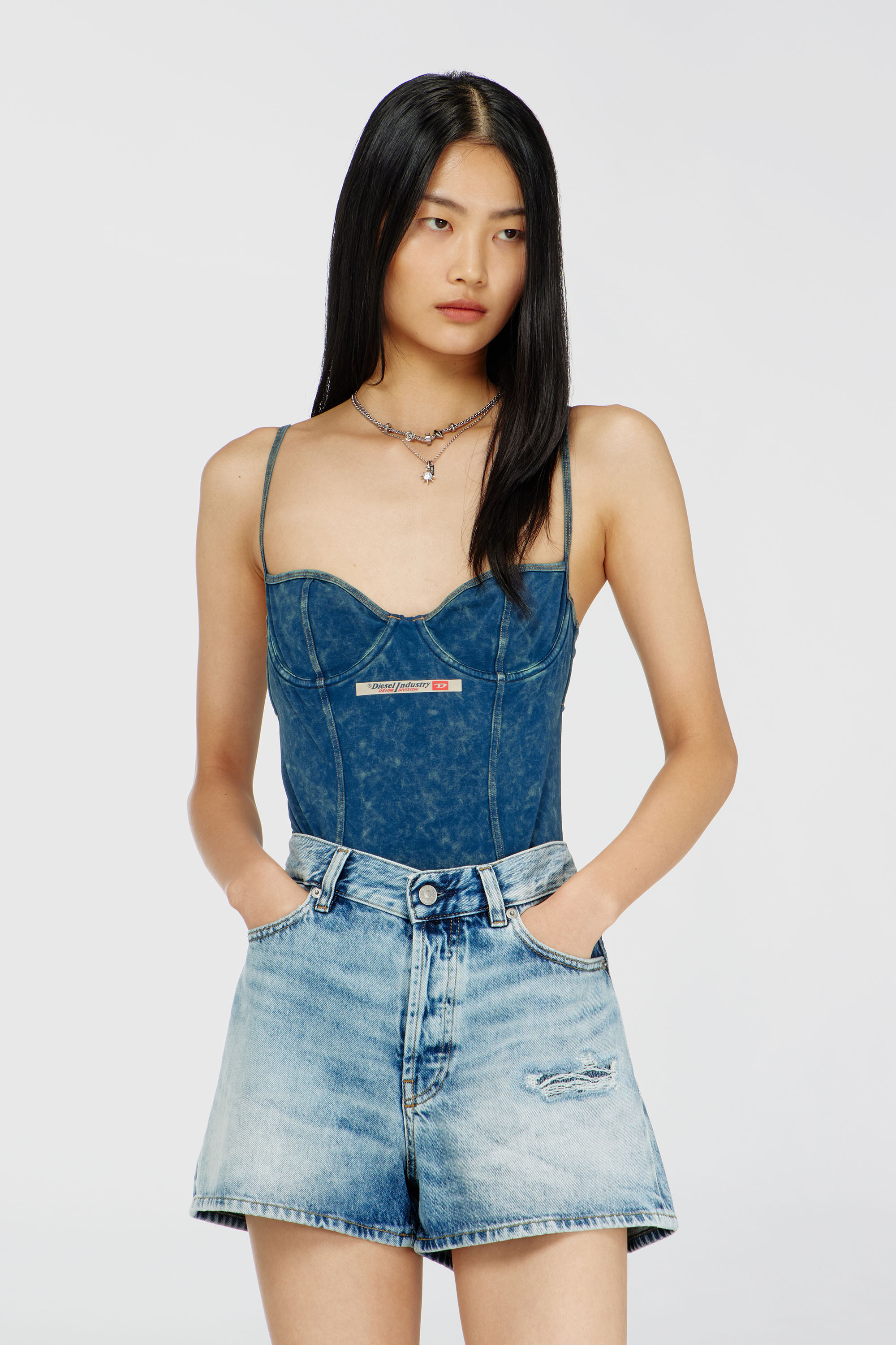 Diesel - TILDA-DNM, Woman's Denim-effect bodysuit with back cut-out in Blue - 4