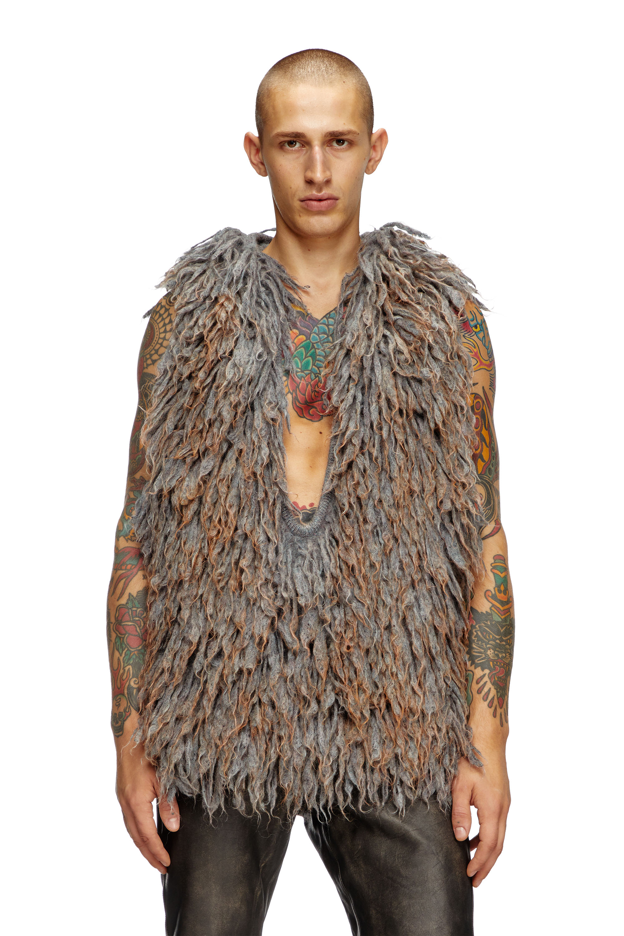 Diesel - K-HARUF, Man's Sleeveless hoodie in shaggy knit in Grey - 1