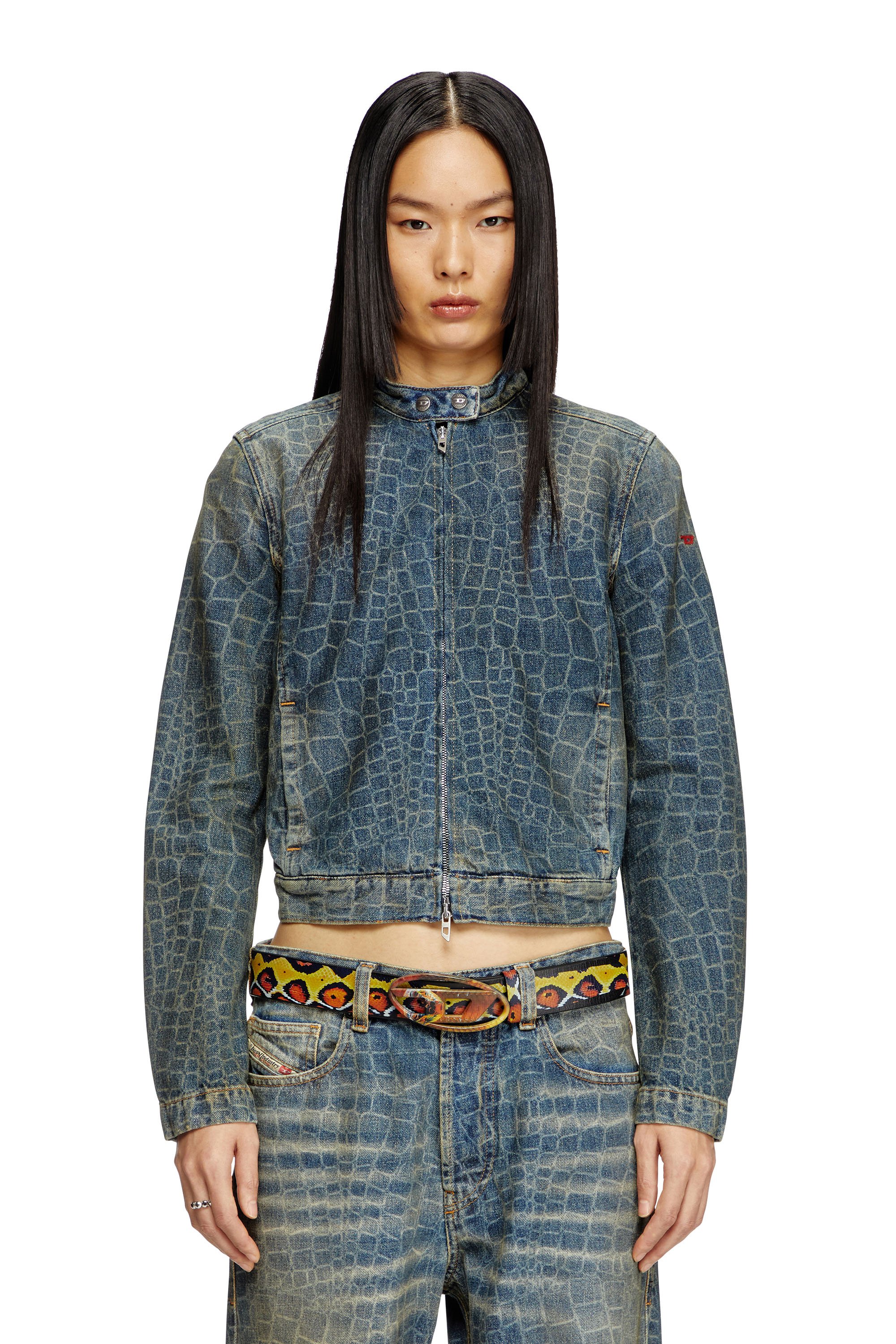 Diesel - CL-DE-MORNIN-SNAKE, Woman's Moto jacket in snake-print denim in Dark Blue - 1