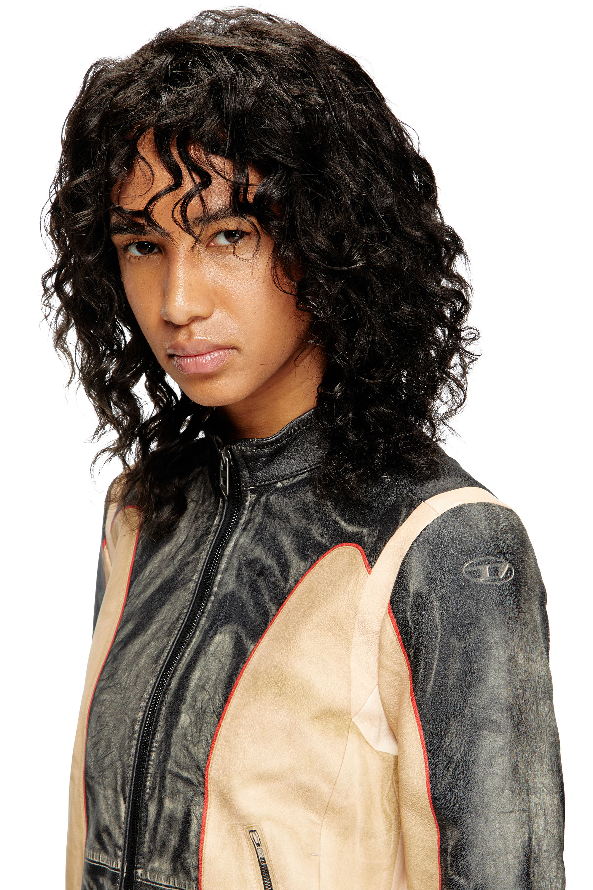 L-OONIE, Beige/Black Diesel - L-OONIE, Woman's Trompe l'oeil-effect leather biker jacket in Beige/Black - 5