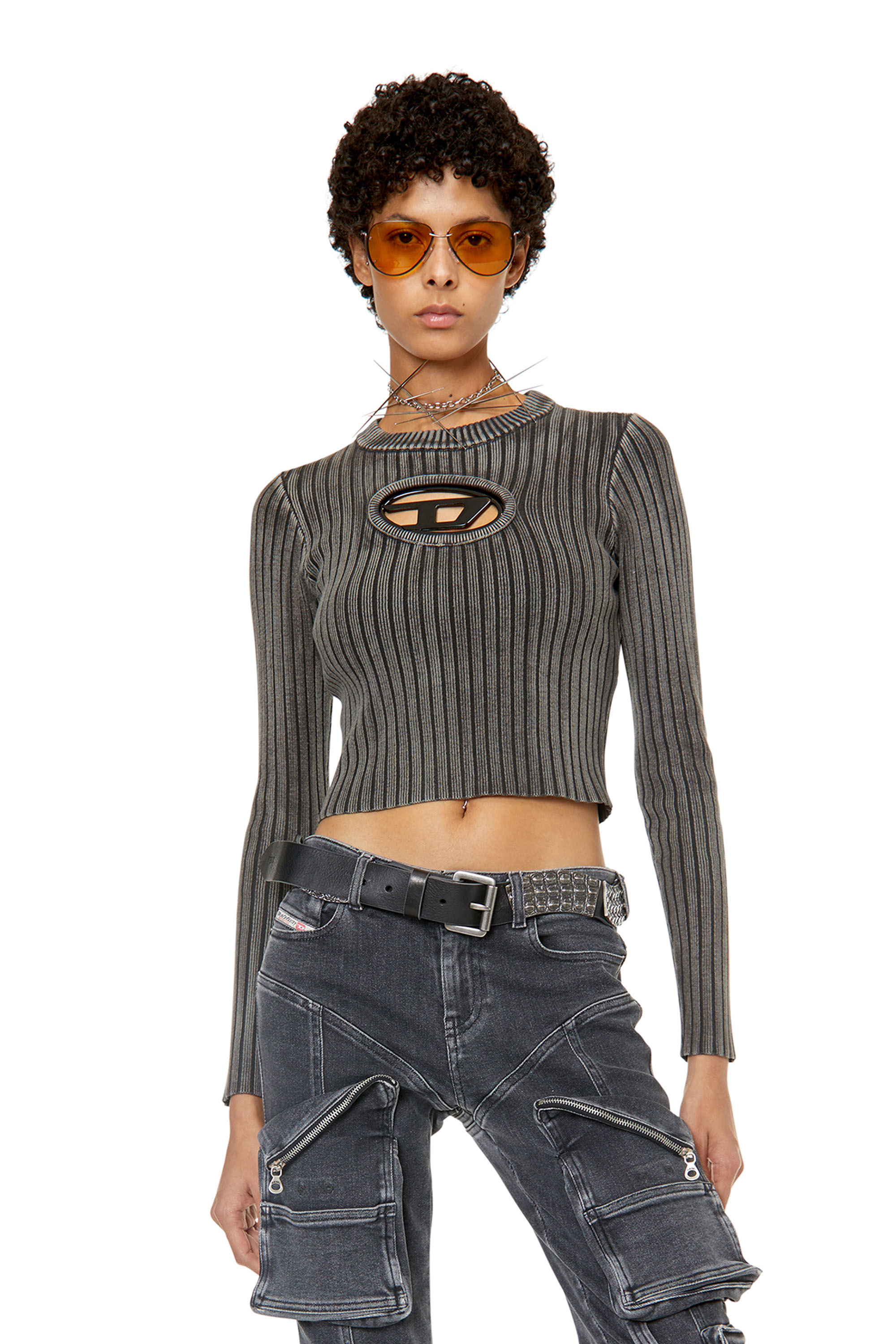 Diesel - M-ARJORY, Woman Ribbed top with oval D plaque in Grey - Image 1