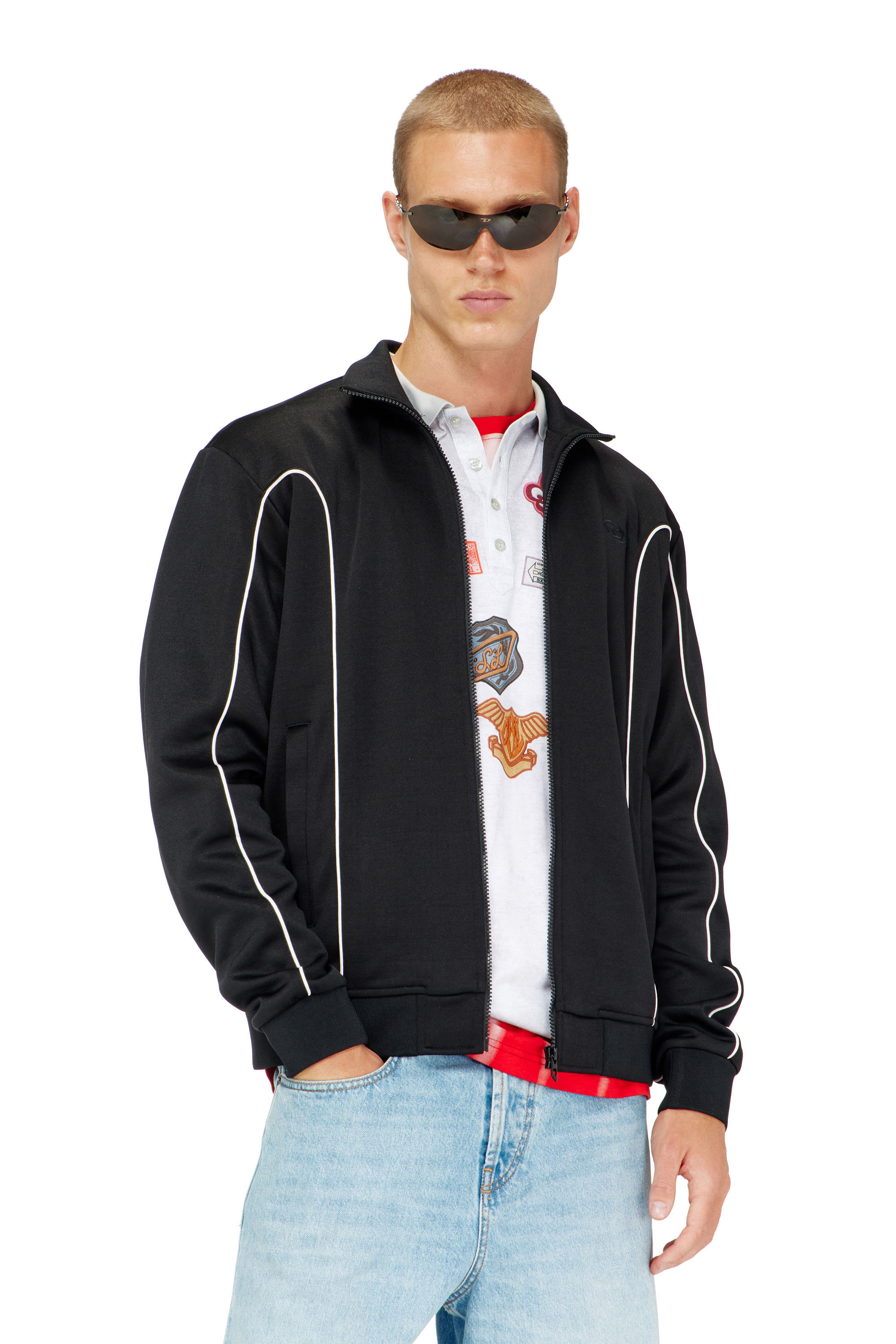 Diesel - S-LOCKING-DO, Man's Sweat fabric track jacket with contrast piping in Black - 1