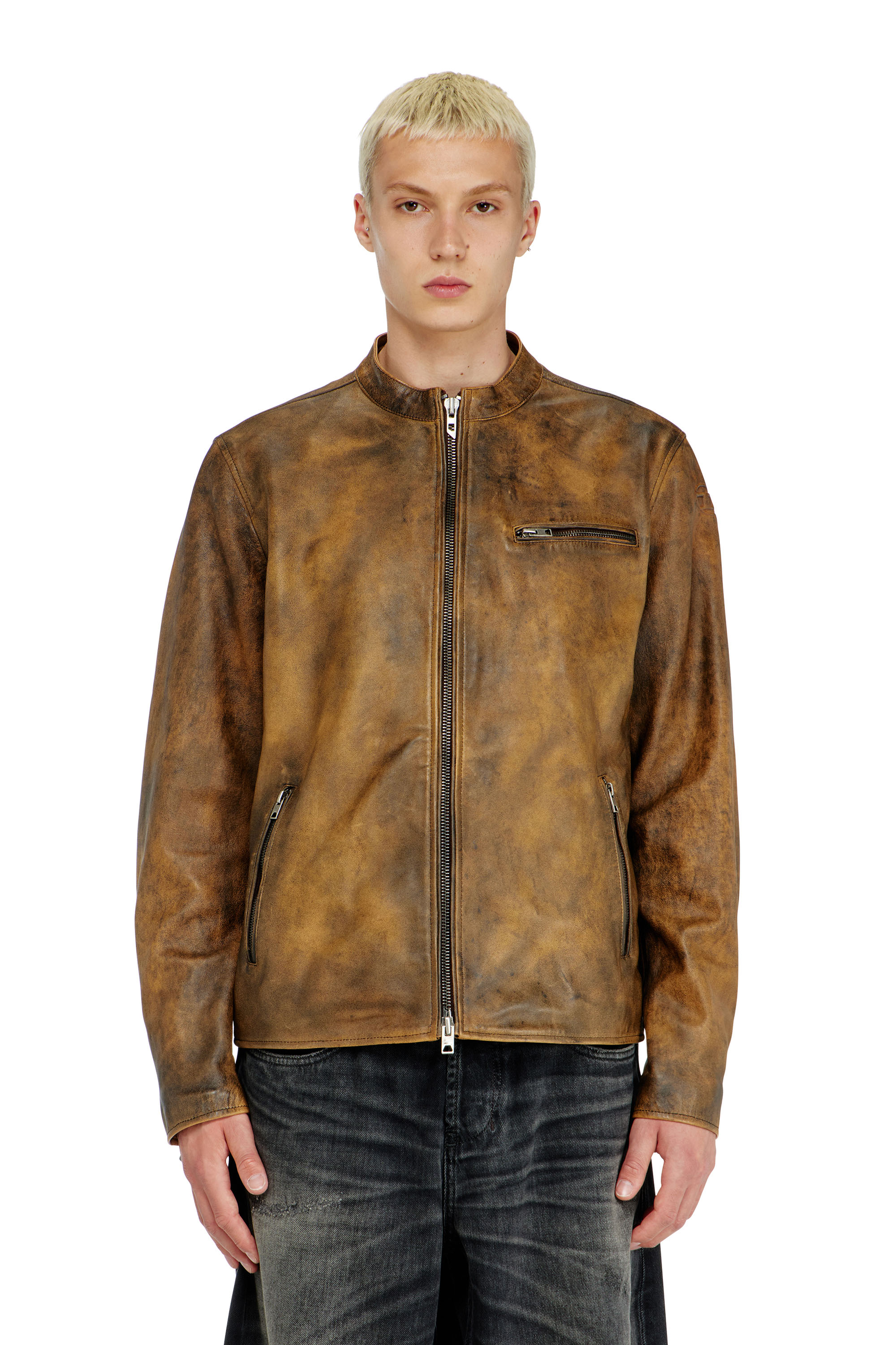 Diesel - L-ZAD-KNCZ, Man's Biker jacket in treated leather in null - 1